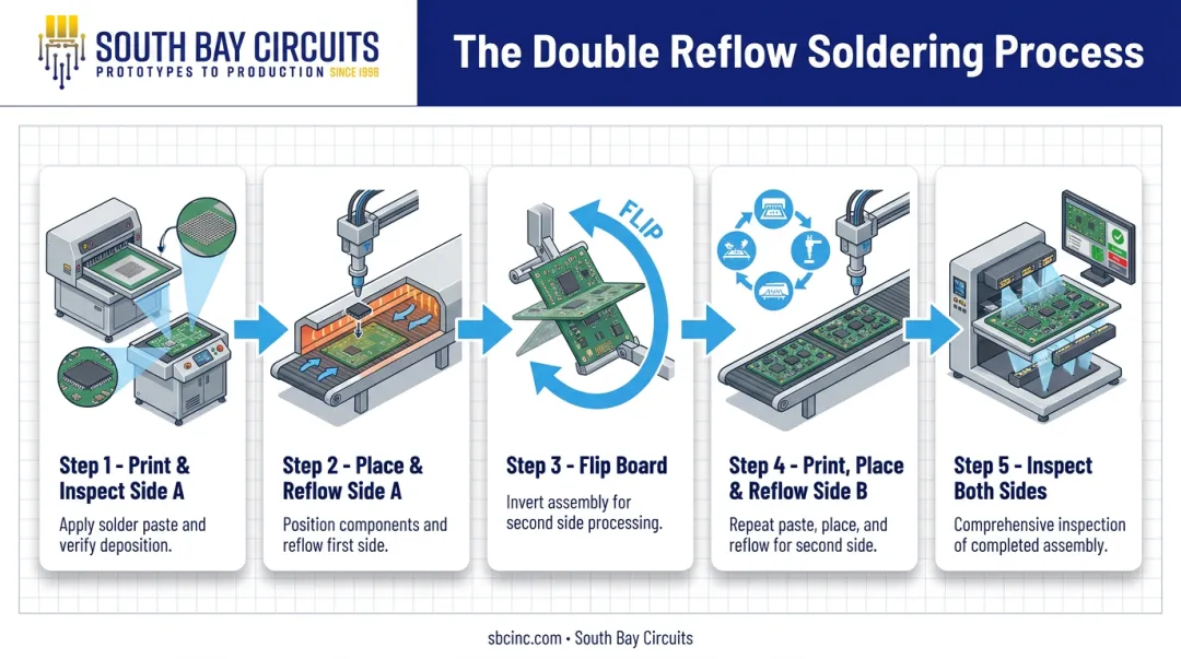 5-step double reflow soldering process for double-sided SMT boards