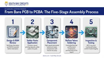 5-step PCB assembly process from BOM review to final testing
