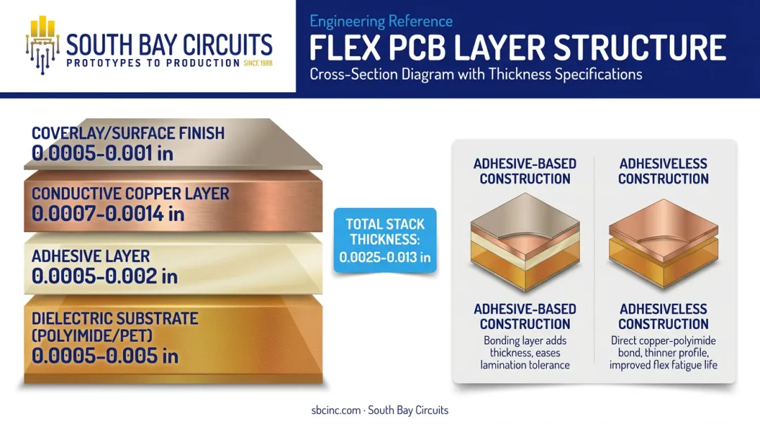 Flex PCB layer stack cross-section showing substrate adhesive copper and coverlay