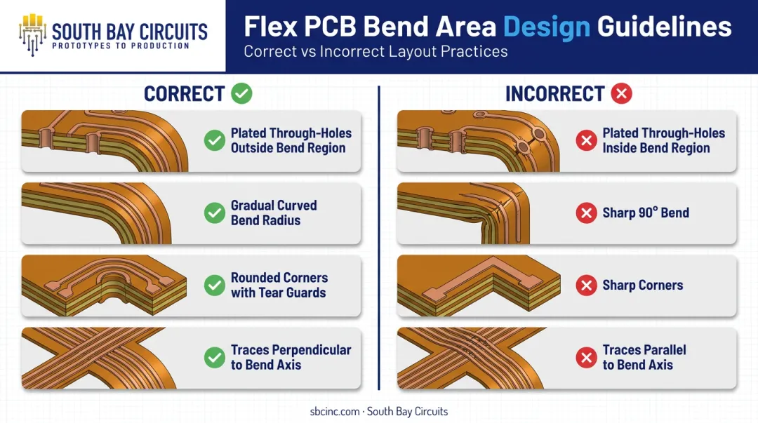 Flex PCB bend area design rules showing correct versus incorrect layout practices