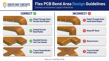 Flex PCB bend area design rules showing correct versus incorrect layout practices