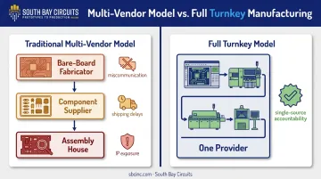 Traditional multi-vendor PCB manufacturing versus full turnkey single point of contact comparison