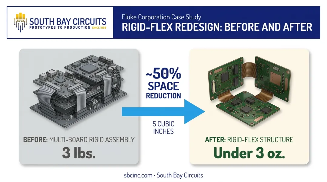Fluke rigid-flex redesign weight and space reduction comparison chart
