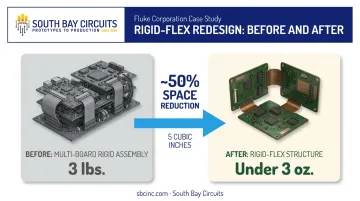 Fluke rigid-flex redesign weight and space reduction comparison chart
