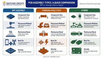 SMT versus through-hole versus hybrid PCB assembly types comparison infographic