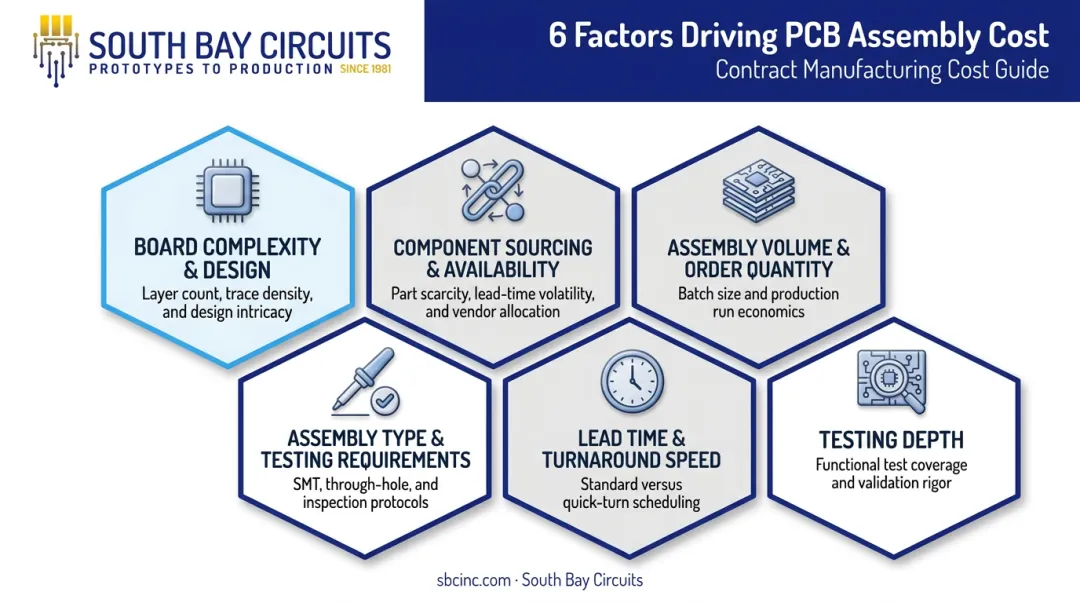 Six key factors affecting PCB assembly cost breakdown infographic