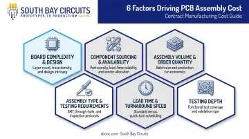 Six key factors affecting PCB assembly cost breakdown infographic