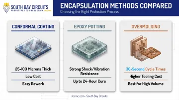 Comparison of conformal coating epoxy potting and overmolding encapsulation methods