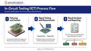 Three-step in-circuit testing process from fixturing to result reporting