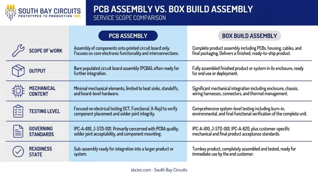 PCB assembly versus box build assembly key differences comparison chart