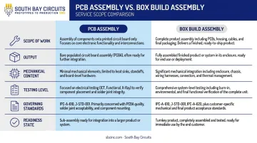 PCB assembly versus box build assembly key differences comparison chart