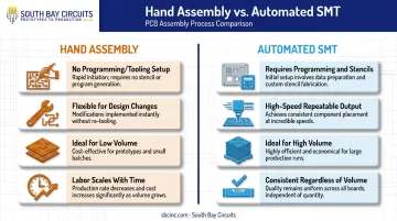 Hand assembly versus automated SMT process comparison chart