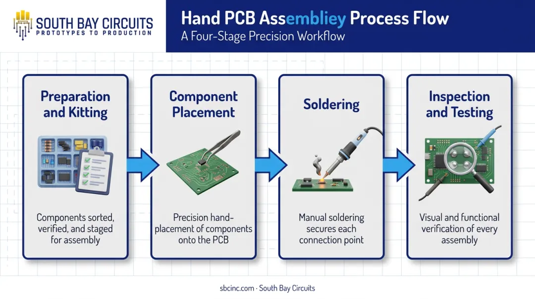 Four-stage hand PCB assembly workflow from kitting to inspection