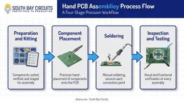 Four-stage hand PCB assembly workflow from kitting to inspection