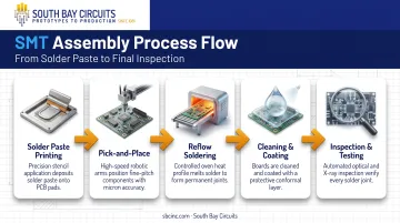5-step SMT assembly process flow from stencil printing to testing