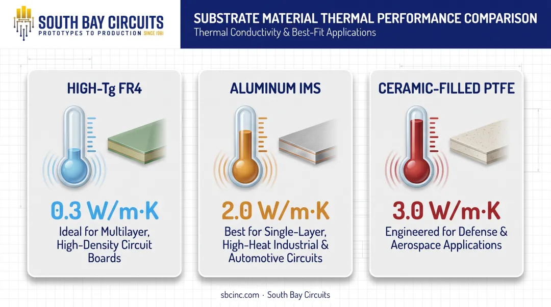 Substrate material comparison chart for high-current PCB thermal management