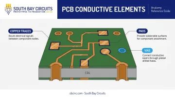 PCB copper traces pads and vias diagram showing conductive layer anatomy