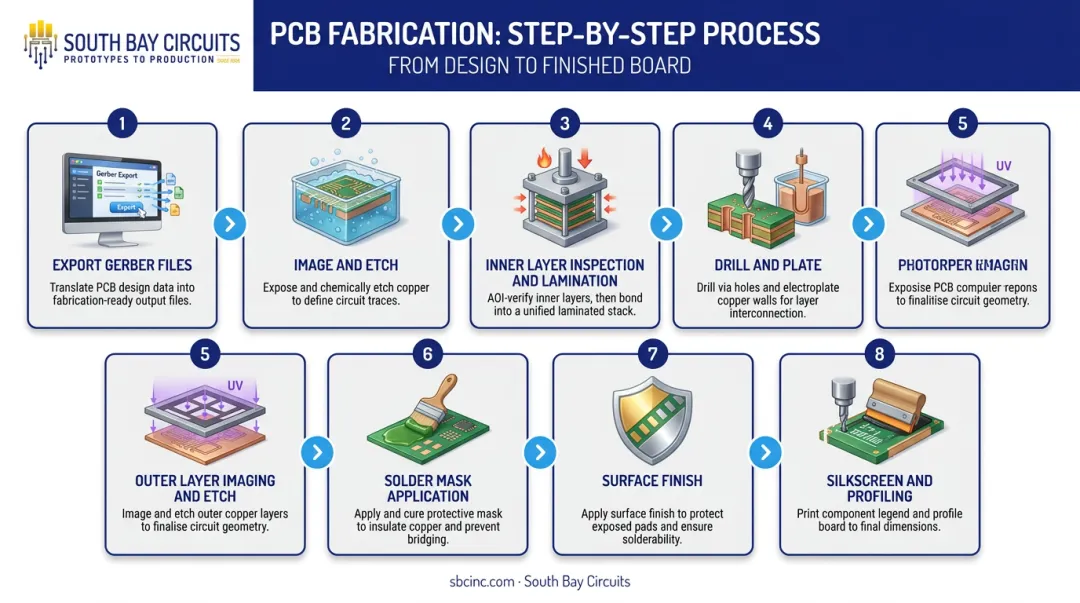 8-step PCB fabrication process flow from Gerber export to electrical inspection