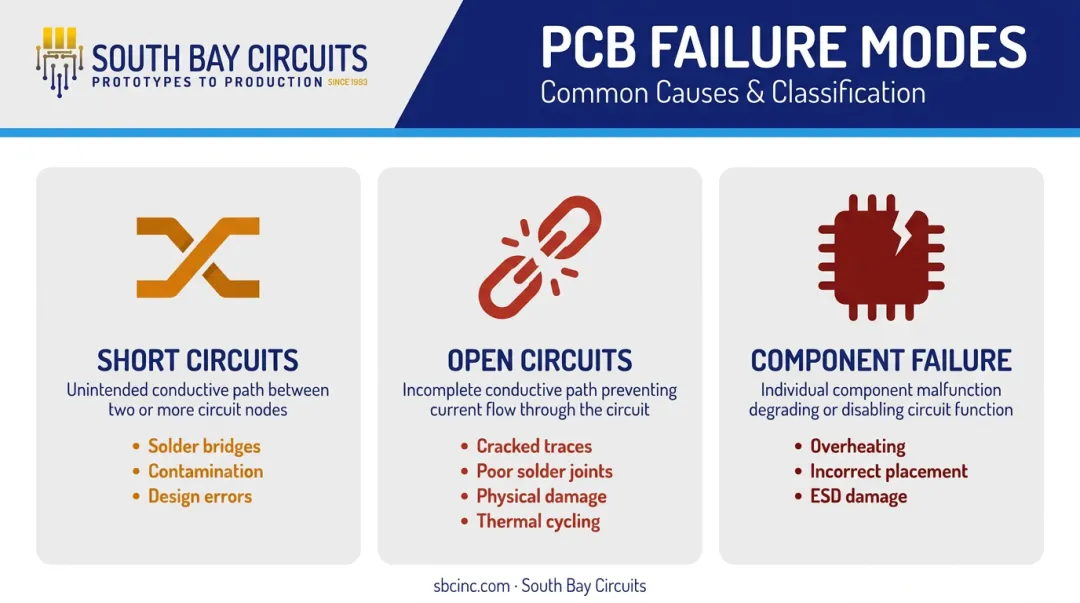 Three primary PCB failure modes short circuit open circuit and component failure
