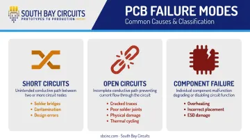 Three primary PCB failure modes short circuit open circuit and component failure
