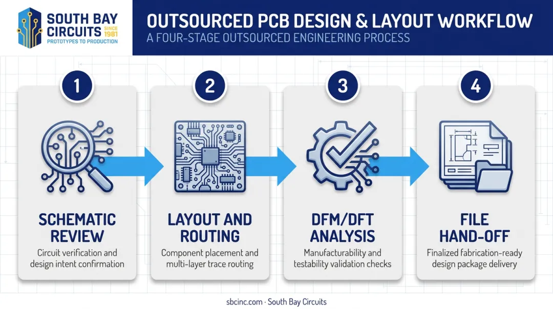 4-step outsourced PCB design and layout workflow process infographic