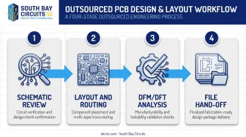4-step outsourced PCB design and layout workflow process infographic