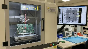 X-ray inspection machine verifying BGA solder joints on populated circuit board assembly