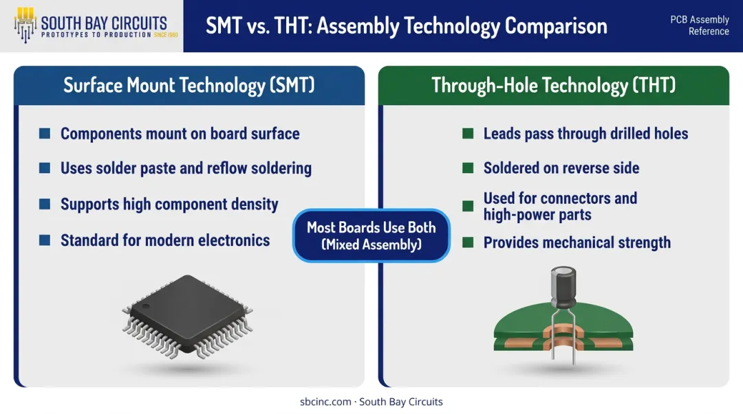 SMT versus through-hole technology side-by-side assembly method comparison infographic