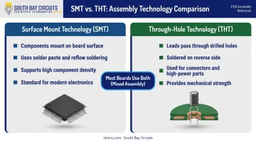 SMT versus through-hole technology side-by-side assembly method comparison infographic