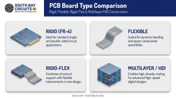 Four PCB board types comparison including rigid flex and multilayer HDI