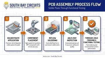 5-step PCB assembly process flow from paste to testing