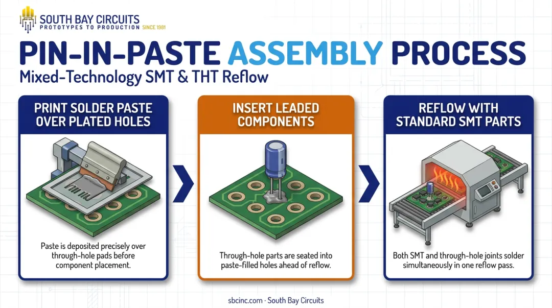 Pin-in-paste through-hole reflow process three-step workflow diagram