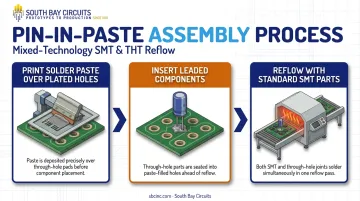 Pin-in-paste through-hole reflow process three-step workflow diagram
