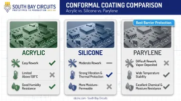 Acrylic silicone and parylene conformal coating properties comparison chart