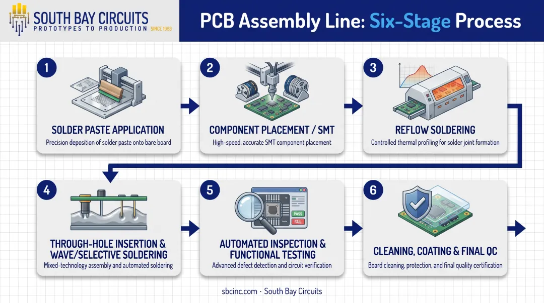 6-step PCB assembly line process from paste application to final inspection