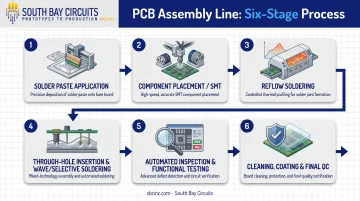 6-step PCB assembly line process from paste application to final inspection