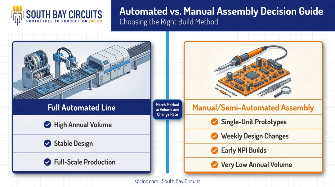 Decision criteria comparing full automated PCB line versus manual assembly