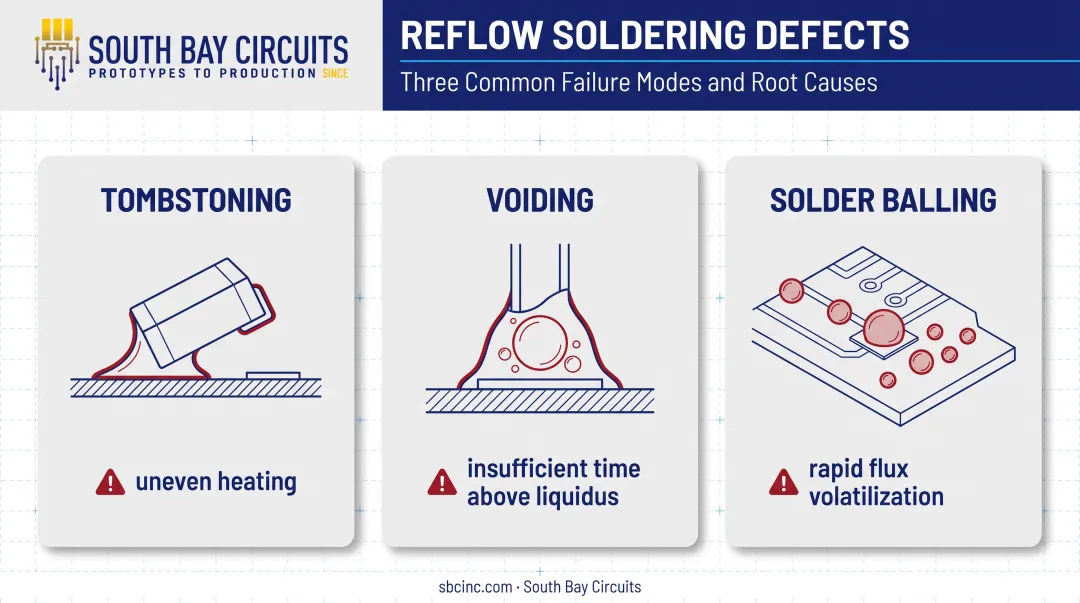Common reflow solder defects tombstoning voiding and solder balling causes