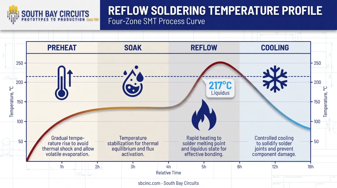 Four-zone reflow soldering thermal profile temperature curve diagram