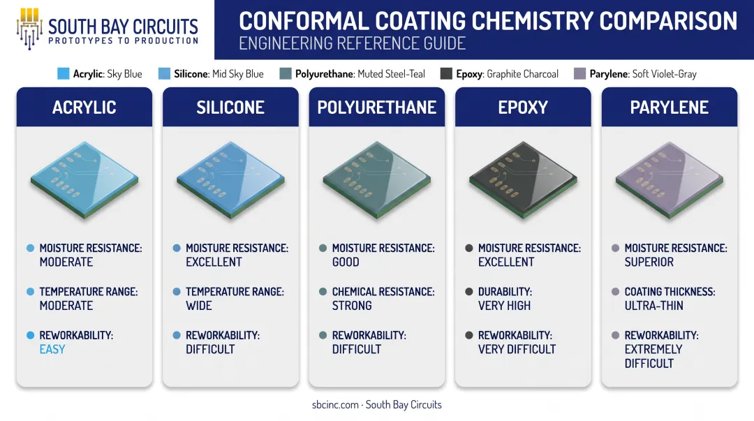 Five conformal coating chemistries comparison acrylic silicone polyurethane epoxy parylene