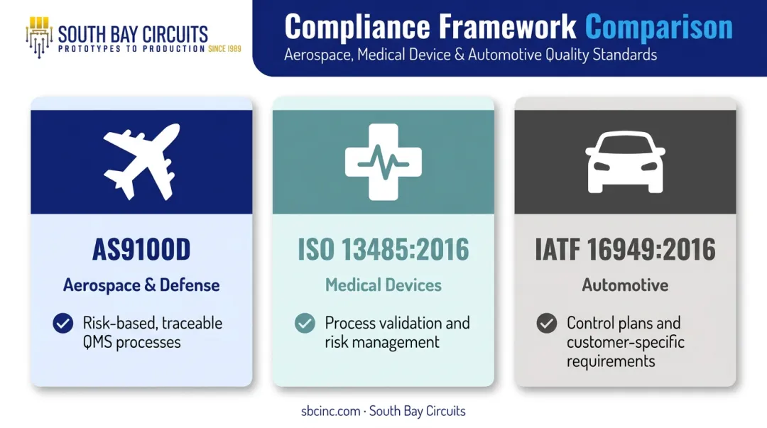 Comparison of AS9100D ISO 13485 and IATF 16949 compliance frameworks for PCB manufacturing