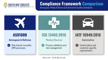 Comparison of AS9100D ISO 13485 and IATF 16949 compliance frameworks for PCB manufacturing