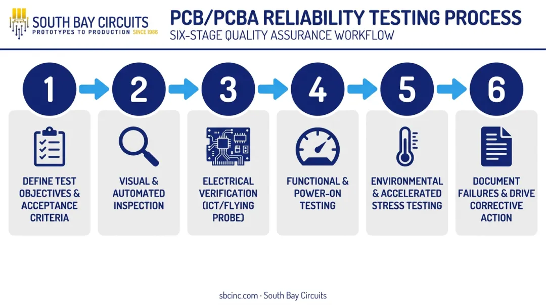 Six-step PCB and PCBA reliability testing process flow from objectives to corrective action