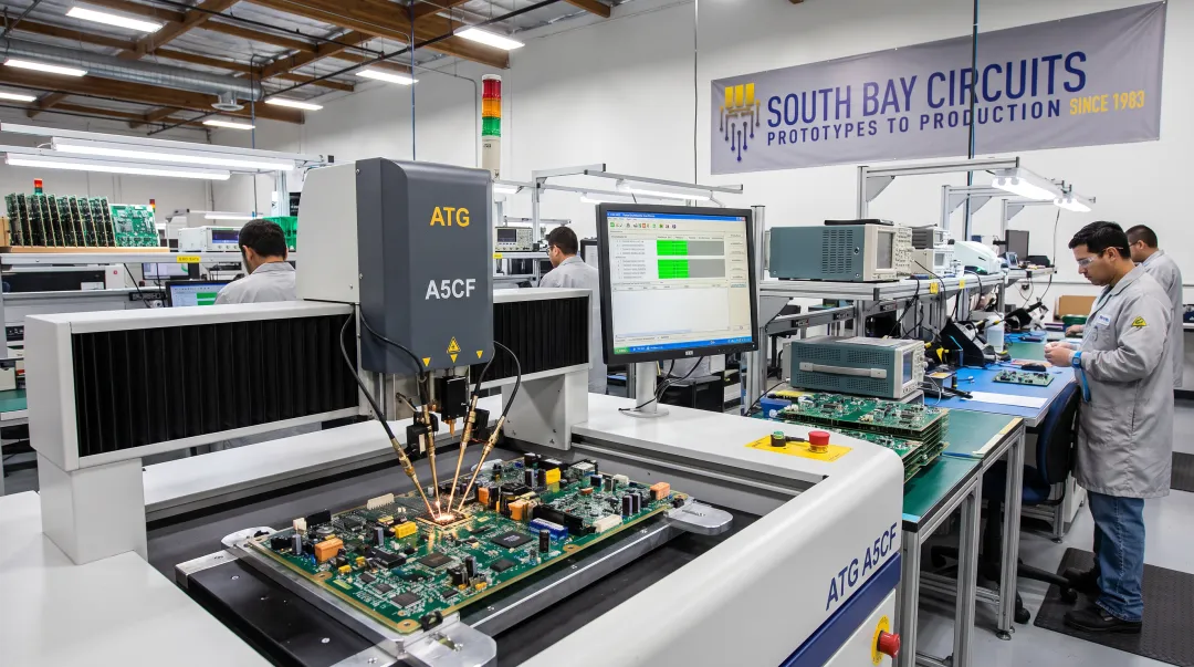 SBC ATG A5CF flying probe test system verifying PCB assembly