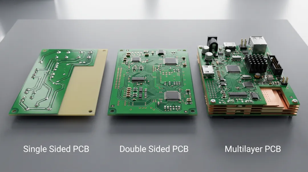 Single-sided double-sided and multilayer PCB boards side-by-side comparison