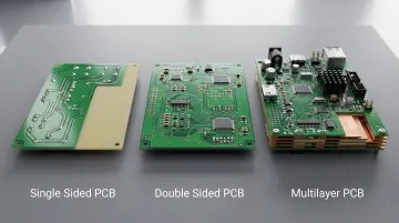 Single-sided double-sided and multilayer PCB boards side-by-side comparison