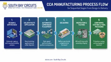 6-step circuit card assembly manufacturing process flow from design to packaging