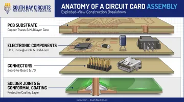 Circuit card assembly anatomy diagram showing core components and layers
