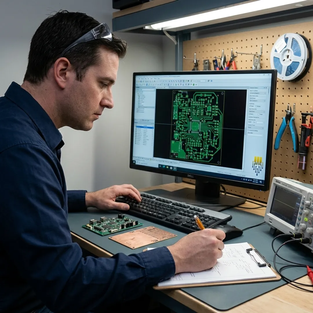 PCB layout engineer reviewing circuit board design