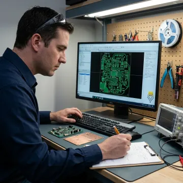 PCB layout engineer reviewing circuit board design